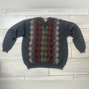 Tricots St Raphael Men's V-Neck Sweater Pure New Wool Gray, Red and Green size M